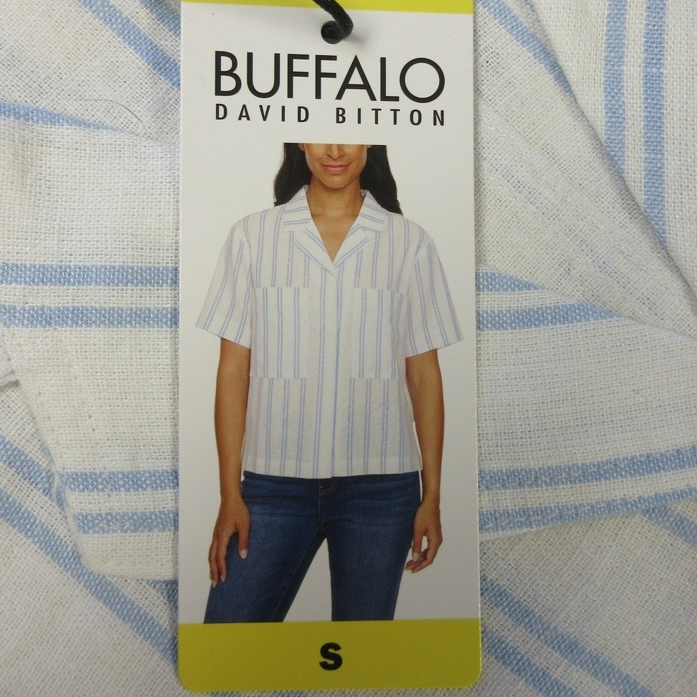 BUFFALO DAVID BITTON Linen Blend Striped Shirt Sz Small Blue White Boxy Top NWT